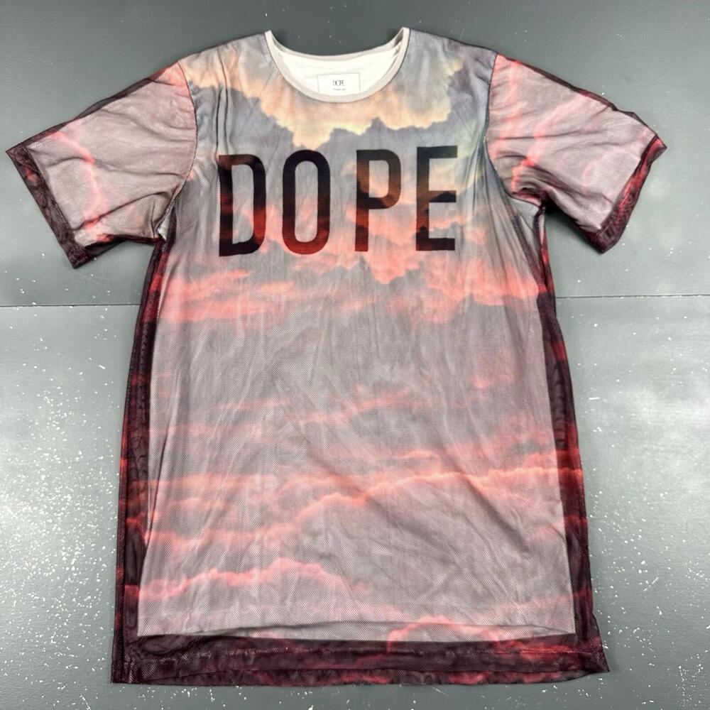 DOPE Shirt Womens Large Purple Mesh Over White Tee Spellout Nature Graphic